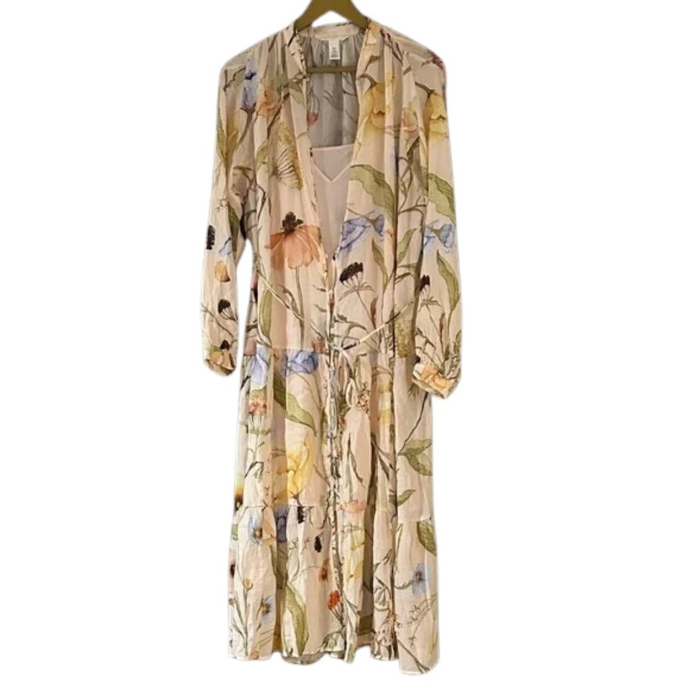 H&M Oversized Crinkled Floral Long Sleeve Dress - Cream, Orange, Blue, Green - Picture 3 of 8